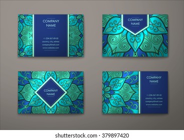 Vector vintage visiting card set. Floral mandala pattern and ornaments. Oriental design Layout. Islam, Arabic, Indian, ottoman motifs. Front page and back page.