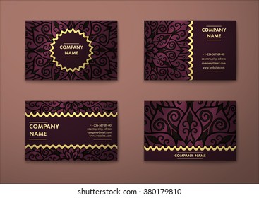 Vector vintage visiting card set. Floral mandala pattern and ornaments. Oriental design Layout. Islam, Arabic, Indian, ottoman motifs. Front page and back page.