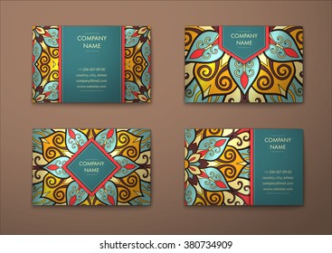 Vector vintage visiting card set. Floral mandala pattern and ornaments. Oriental design Layout. Islam, Arabic, Indian, ottoman motifs. Front page and back page.