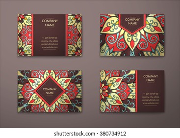 Vector vintage visiting card set. Floral mandala pattern and ornaments. Oriental design Layout. Islam, Arabic, Indian, ottoman motifs. Front page and back page.