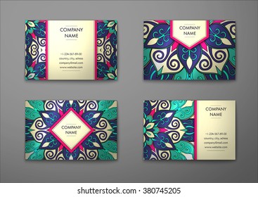 Vector vintage visiting card set. Floral mandala pattern and ornaments. Oriental design Layout. Islam, Arabic, Indian, ottoman motifs. Front page and back page.