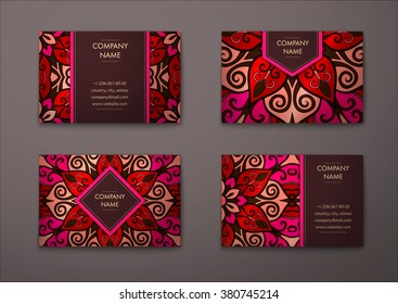 Vector vintage visiting card set. Floral mandala pattern and ornaments. Oriental design Layout. Islam, Arabic, Indian, ottoman motifs. Front page and back page.