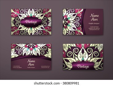 Vector vintage visiting card set. Floral mandala pattern and ornaments. Oriental design Layout. Islam, Arabic, Indian, ottoman motifs. Front page and back page.