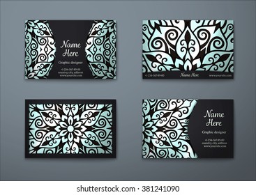 Vector vintage visiting card set. Floral mandala pattern and ornaments. Oriental design Layout. Islam, Arabic, Indian, ottoman motifs. Front page and back page.