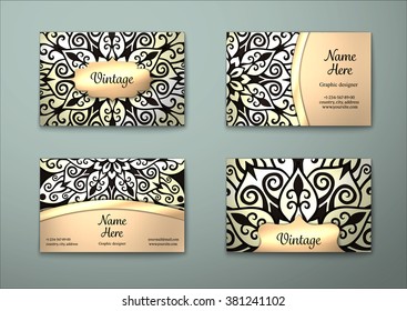 Vector vintage visiting card set. Floral mandala pattern and ornaments. Oriental design Layout. Islam, Arabic, Indian, ottoman motifs. Front page and back page.