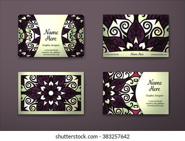 Vector vintage visiting card set. Floral mandala pattern and ornaments. Oriental design Layout. Islam, Arabic, Indian, ottoman motifs. Front page and back page.