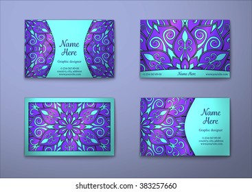 Vector vintage visiting card set. Floral mandala pattern and ornaments. Oriental design Layout. Islam, Arabic, Indian, ottoman motifs. Front page and back page.