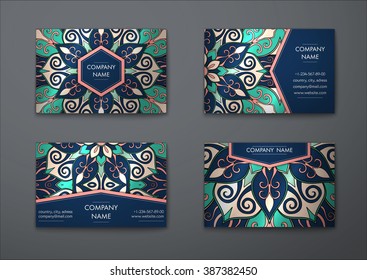 Vector vintage visiting card set. Floral mandala pattern and ornaments. Oriental design Layout. Islam, Arabic, Indian, ottoman motifs. Front page and back page.
