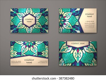 Vector vintage visiting card set. Floral mandala pattern and ornaments. Oriental design Layout. Islam, Arabic, Indian, ottoman motifs. Front page and back page.