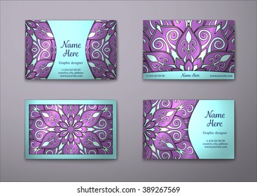 Vector vintage visiting card set. Floral mandala pattern and ornaments. Oriental design Layout. Islam, Arabic, Indian, ottoman motifs. Front page and back page.