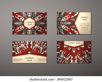 Vector vintage visiting card set. Floral mandala pattern and ornaments. Oriental design Layout. Islam, Arabic, Indian, ottoman motifs. Front page and back page.