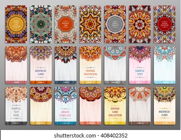 Vector vintage visiting card set. Floral mandala pattern and ornaments. Oriental design Layout. Islam, Arabic, Indian, ottoman motifs. Front page and back page.
