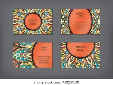 Vector vintage visiting card set. Floral mandala pattern and ornaments. Oriental design Layout. Islam, Arabic, Indian, ottoman motifs. Front page and back page.