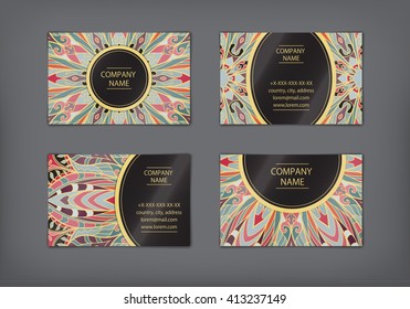 Vector vintage visiting card set. Floral mandala pattern and ornaments. Oriental design Layout. Islam, Arabic, Indian, ottoman motifs. Front page and back page.