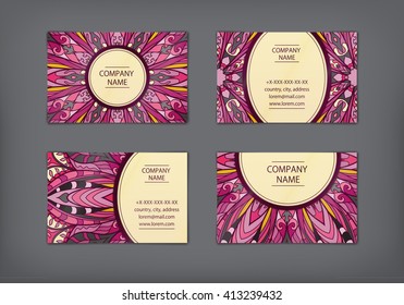 Vector vintage visiting card set. Floral mandala pattern and ornaments. Oriental design Layout. Islam, Arabic, Indian, ottoman motifs. Front page and back page.