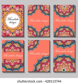 Vector vintage visiting card set. Floral mandala pattern and ornaments. Oriental design Layout. Islam, Arabic, Indian, ottoman motifs. Front page and back page.