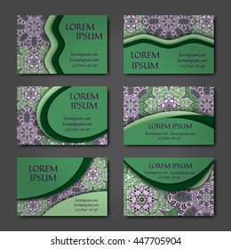 Vector vintage visiting card set. Floral mandala pattern and ornaments. Oriental design Layout. Islam, Arabic, Indian, ottoman motifs. Front page and back page.