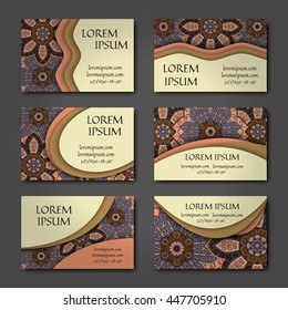 Vector vintage visiting card set. Floral mandala pattern and ornaments. Oriental design Layout. Islam, Arabic, Indian, ottoman motifs. Front page and back page.