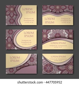 Vector vintage visiting card set. Floral mandala pattern and ornaments. Oriental design Layout. Islam, Arabic, Indian, ottoman motifs. Front page and back page.