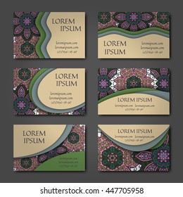 Vector vintage visiting card set. Floral mandala pattern and ornaments. Oriental design Layout. Islam, Arabic, Indian, ottoman motifs. Front page and back page.
