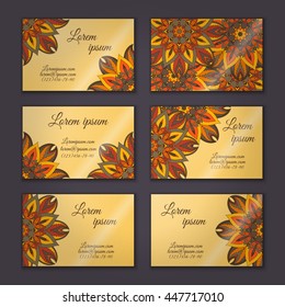 Vector vintage visiting card set. Floral mandala pattern and ornaments. Oriental design Layout. Islam, Arabic, Indian, ottoman motifs. Front page and back page.