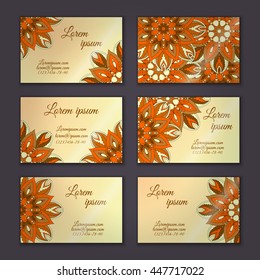 Vector vintage visiting card set. Floral mandala pattern and ornaments. Oriental design Layout. Islam, Arabic, Indian, ottoman motifs. Front page and back page.
