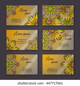 Vector vintage visiting card set. Floral mandala pattern and ornaments. Oriental design Layout. Islam, Arabic, Indian, ottoman motifs. Front page and back page.