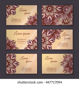 Vector vintage visiting card set. Floral mandala pattern and ornaments. Oriental design Layout. Islam, Arabic, Indian, ottoman motifs. Front page and back page.
