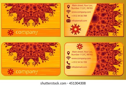 Vector vintage visiting card set. Floral mandala pattern and ornaments. Oriental design Layout. Islam, Arabic, Indian. Front page and back page.