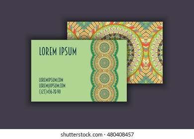 Vector vintage visiting card set. Floral mandala pattern and ornaments. Oriental design Layout. Islam, Arabic, Indian, ottoman motifs. Front page and back page.