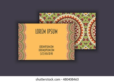 Vector vintage visiting card set. Floral mandala pattern and ornaments. Oriental design Layout. Islam, Arabic, Indian, ottoman motifs. Front page and back page.