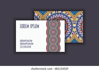 Vector vintage visiting card set. Floral mandala pattern and ornaments. Oriental design Layout. Islam, Arabic, Indian, ottoman motifs. Front page and back page.