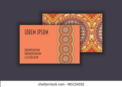 Vector vintage visiting card set. Floral mandala pattern and ornaments. Oriental design Layout. Islam, Arabic, Indian, ottoman motifs. Front page and back page.