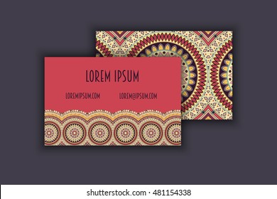 Vector vintage visiting card set. Floral mandala pattern and ornaments. Oriental design Layout. Islam, Arabic, Indian, ottoman motifs. Front page and back page.
