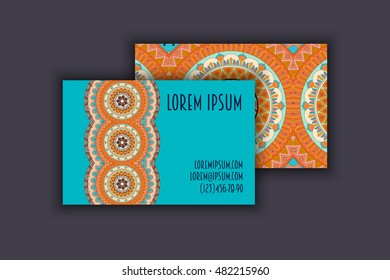 Vector vintage visiting card set. Floral mandala pattern and ornaments. Oriental design Layout. Islam, Arabic, Indian, ottoman motifs. Front page and back page.