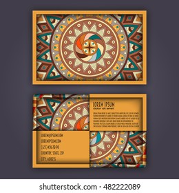 Vector vintage visiting card set. Floral mandala pattern and ornaments. Oriental design Layout. Islam, Arabic, Indian, ottoman motifs. Front page and back page.