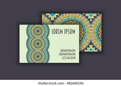 Vector vintage visiting card set. Floral mandala pattern and ornaments. Oriental design Layout. Islam, Arabic, Indian, ottoman motifs. Front page and back page.