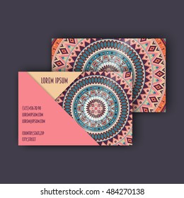 Vector vintage visiting card set. Floral mandala pattern and ornaments. Oriental design Layout. Islam, Arabic, Indian, ottoman motifs. Front page and back page.