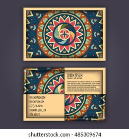 Vector vintage visiting card set. Floral mandala pattern and ornaments. Oriental design Layout. Islam, Arabic, Indian, ottoman motifs. Front page and back page.