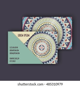 Vector vintage visiting card set. Floral mandala pattern and ornaments. Oriental design Layout. Islam, Arabic, Indian, ottoman motifs. Front page and back page.