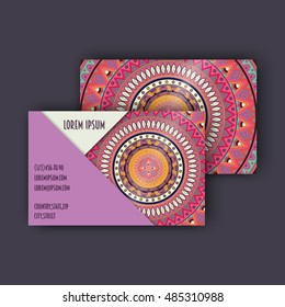 Vector vintage visiting card set. Floral mandala pattern and ornaments. Oriental design Layout. Islam, Arabic, Indian, ottoman motifs. Front page and back page.