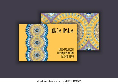 Vector vintage visiting card set. Floral mandala pattern and ornaments. Oriental design Layout. Islam, Arabic, Indian, ottoman motifs. Front page and back page.
