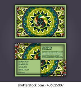 Vector vintage visiting card set. Floral mandala pattern and ornaments. Oriental design Layout. Islam, Arabic, Indian, ottoman motifs. Front page and back page.