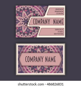 Vector vintage visiting card set. Floral mandala pattern and ornaments. Oriental design Layout. Islam, Arabic, Indian, ottoman motifs. Front page and back page.