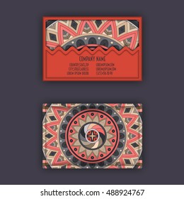 Vector vintage visiting card set. Floral mandala pattern and ornaments. Oriental design Layout. Islam, Arabic, Indian, ottoman motifs. Front page and back page.