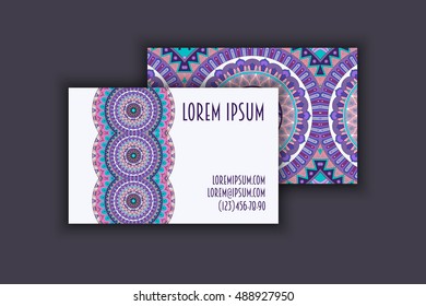 Vector vintage visiting card set. Floral mandala pattern and ornaments. Oriental design Layout. Islam, Arabic, Indian, ottoman motifs. Front page and back page.