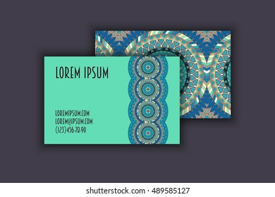Vector vintage visiting card set. Floral mandala pattern and ornaments. Oriental design Layout. Islam, Arabic, Indian, ottoman motifs. Front page and back page.