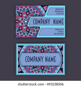 Vector vintage visiting card set. Floral mandala pattern and ornaments. Oriental design Layout. Islam, Arabic, Indian, ottoman motifs. Front page and back page.
