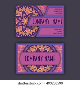 Vector vintage visiting card set. Floral mandala pattern and ornaments. Oriental design Layout. Islam, Arabic, Indian, ottoman motifs. Front page and back page.