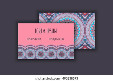 Vector vintage visiting card set. Floral mandala pattern and ornaments. Oriental design Layout. Islam, Arabic, Indian, ottoman motifs. Front page and back page.
